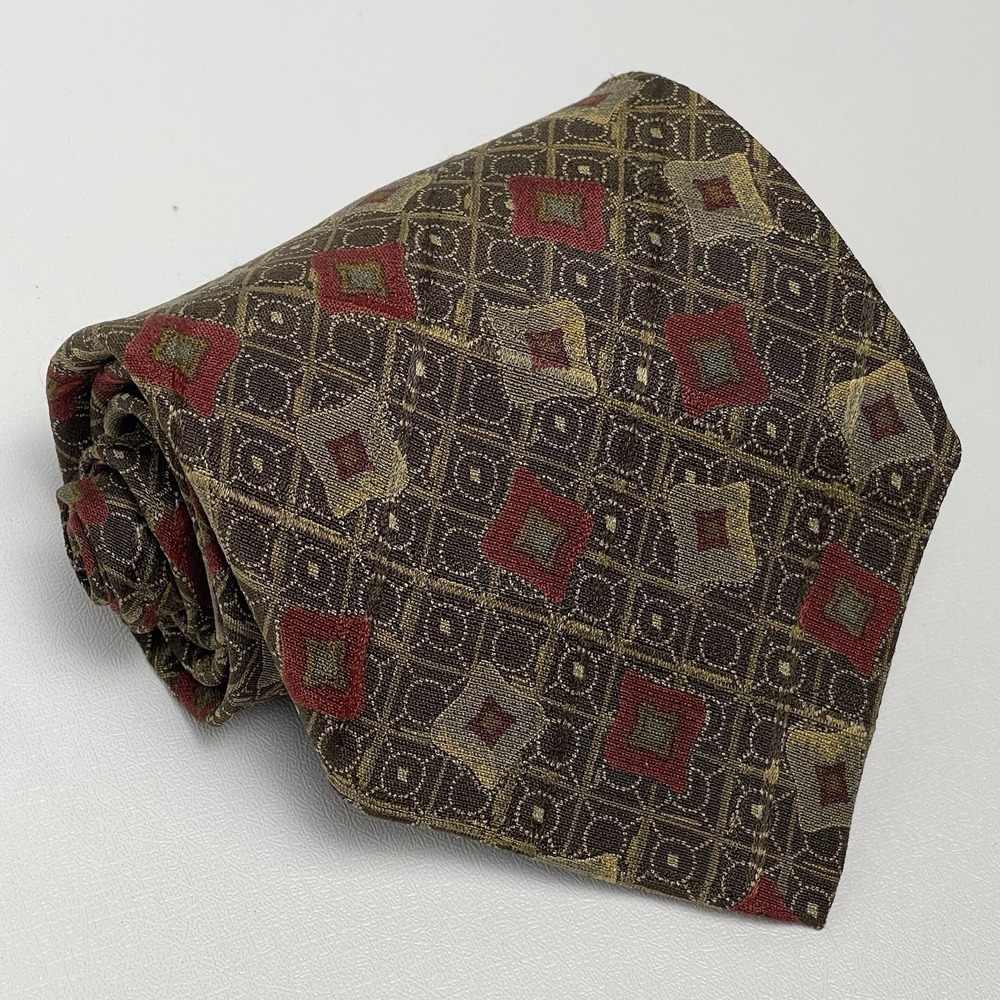 Ermenegildo Zegna Necktie Tie Silk Golden Bronze Brown Red Geometric Italy